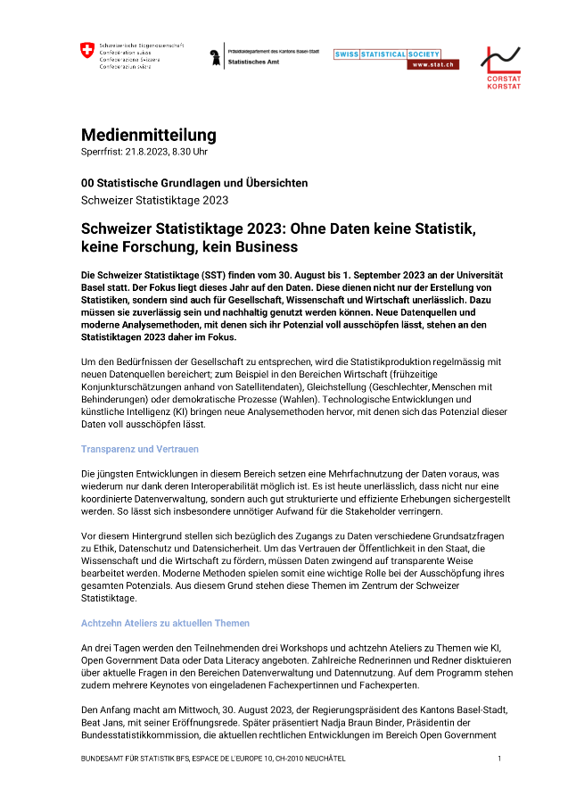 Schweizer Statistiktage 2023 | Bundesamt für Statistik
