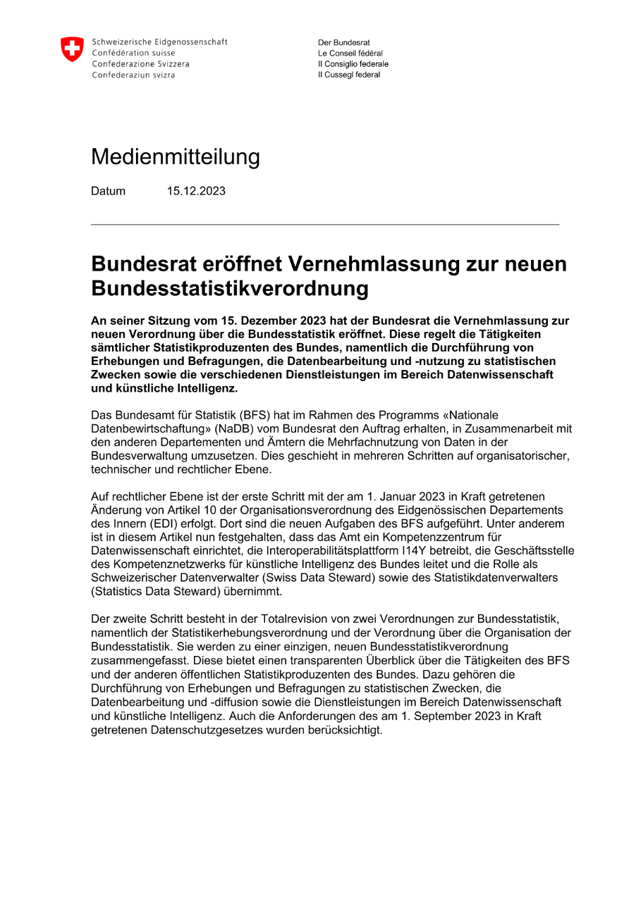 Bundesrat eröffnet Vernehmlassung zur neuen Bundesstatistikverordnung