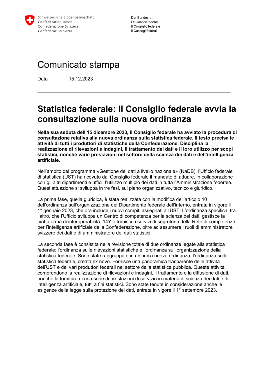 Statistica federale: il Consiglio federale avvia la consultazione sulla nuova ordinanza
