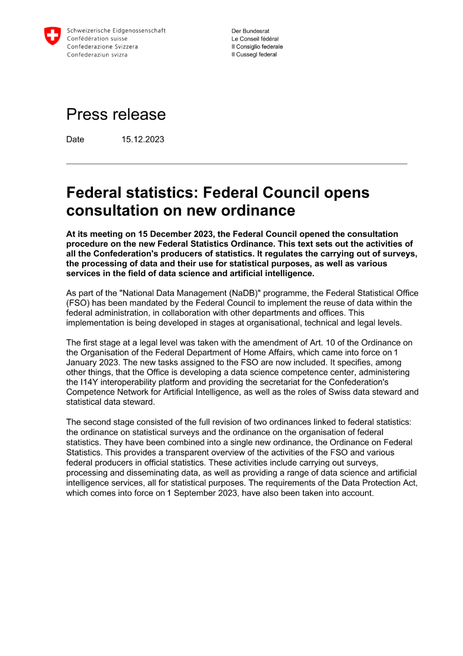 Federal statistics: Federal Council opens consultation on new ordinance