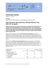 Indice dei prezzi alla produzione e all'importazione in calo dello 0,2% ad agosto