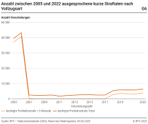 Anzahl zwischen 2005 und 2022 ausgesprochene kurze Straftaten nach Vollzugsart