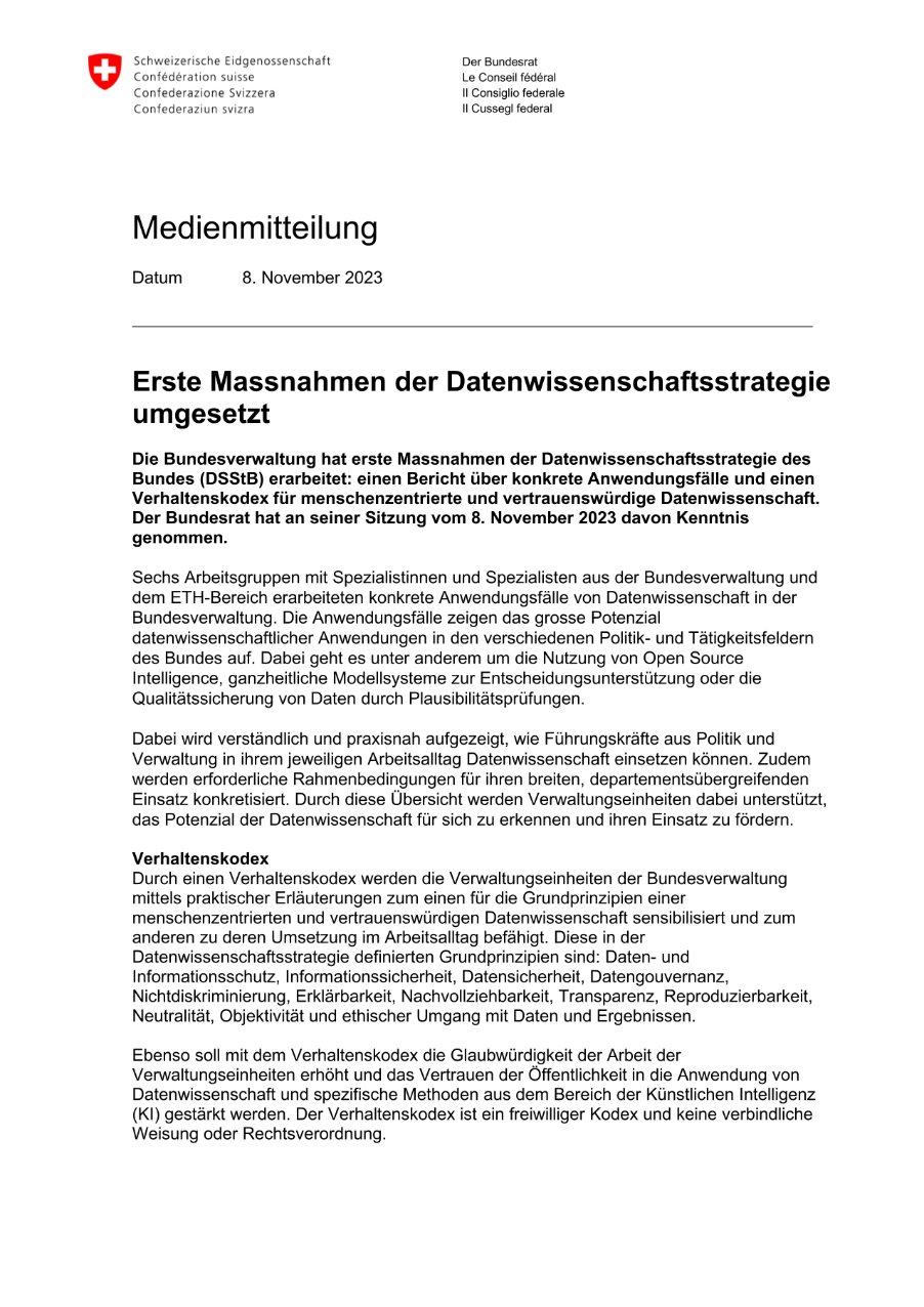 Erste Massnahmen der Datenwissenschaftsstrategie umgesetzt