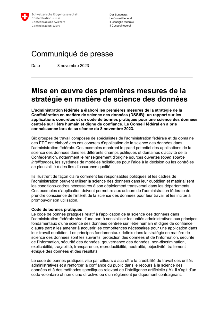 Mise en oeuvre des premières mesures de la stratégie en matière de science des données