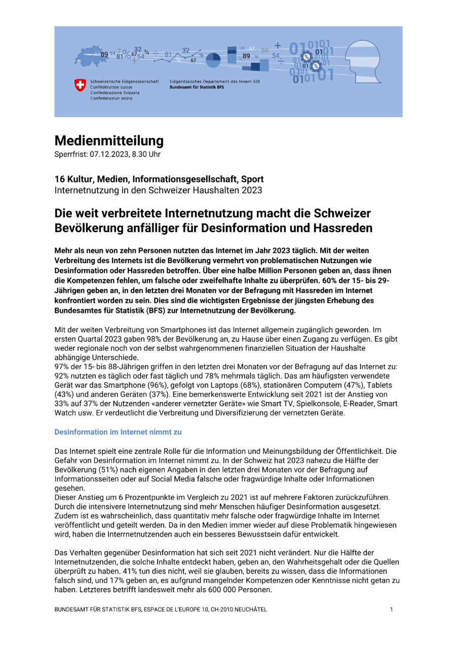 Die weit verbreitete Internetnutzung macht die Schweizer Bevölkerung anfälliger für Desinformation und Hassreden