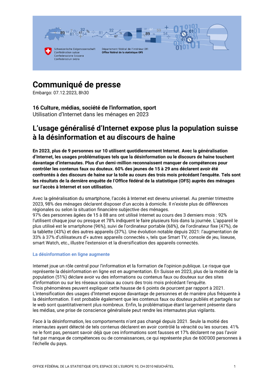 L'usage généralisé d'Internet expose plus la population suisse à la désinformation et au discours de haine