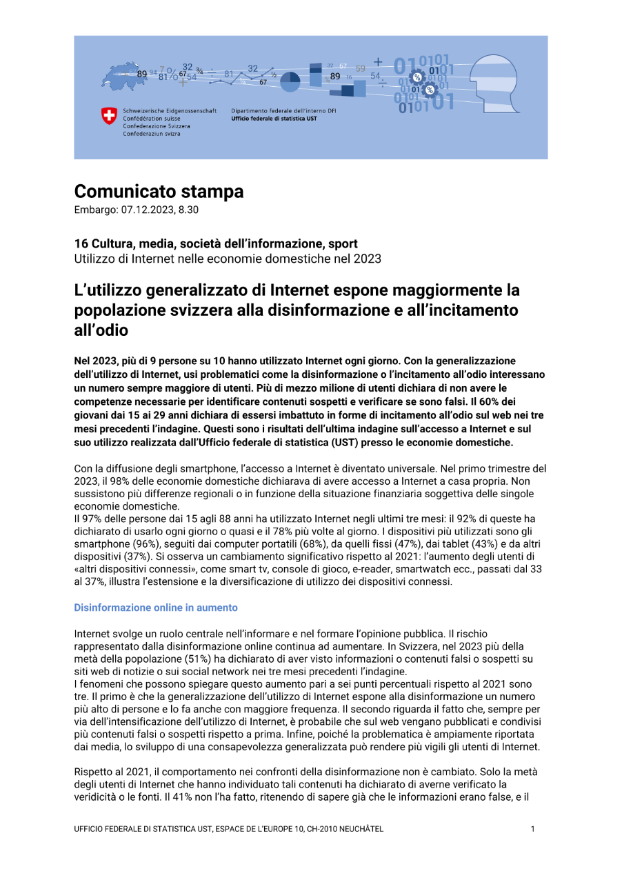 L'utilizzo generalizzato di Internet espone maggiormente la popolazione svizzera alla disinformazione e all'incitamento all'odio