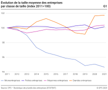Évolution de la taille moyenne des entreprises par classe de taille (index 2011=100)