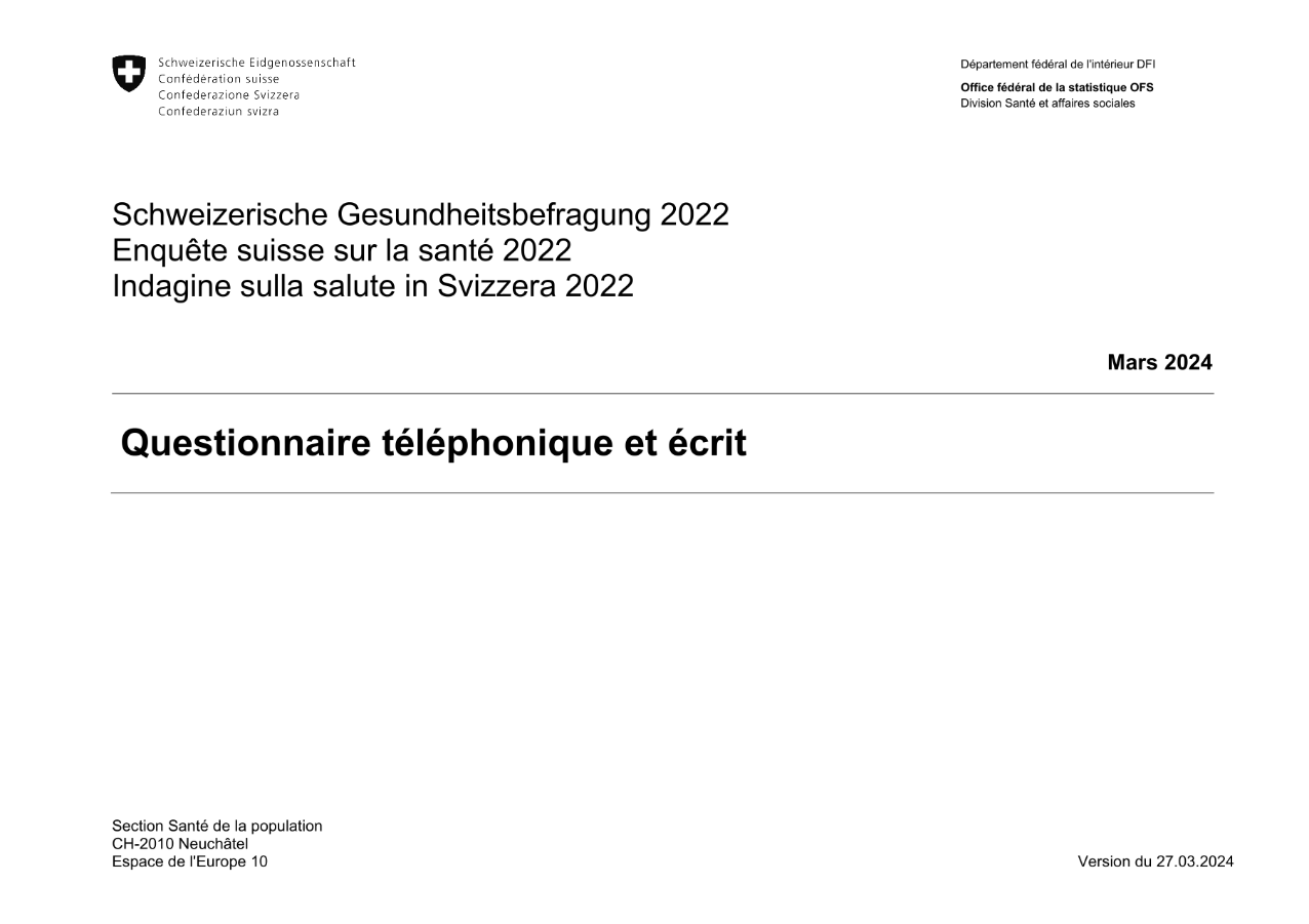 Enquête suisse sur la santé 2022 - Questionnaire téléphonique et écrit