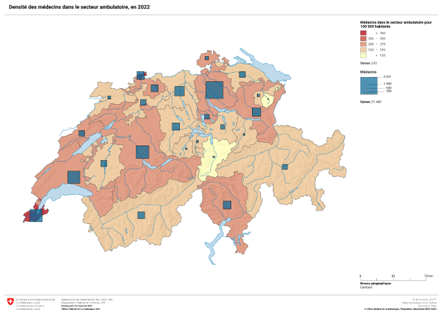 Densité des médecins dans le secteur ambulatoire, en 2022