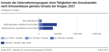 Umsatz der Unternehmensgruppen ohne Tätigkeiten des Grosshandels nach Grössenklasse gemäss Umsatz der Gruppe, 2021