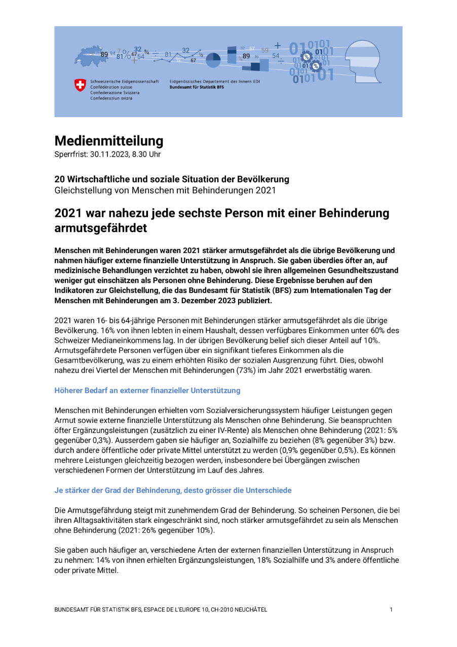 2021 war nahezu jede sechste Person mit einer Behinderung armutsgefährdet
