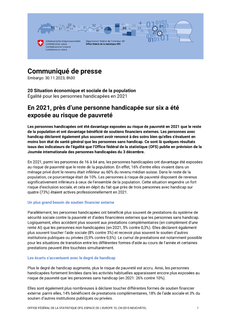 En 2021, près d'une personne handicapée sur six a été exposée au risque de pauvreté
