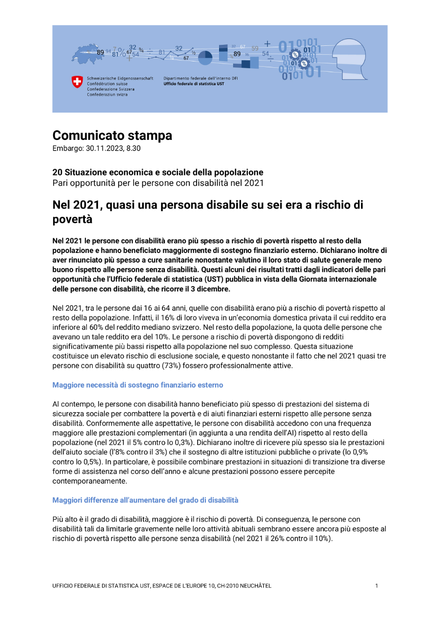Nel 2021, quasi una persona disabile su sei era a rischio di povertà