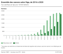Ensemble des cancers selon l'âge, de 2016 à 2020