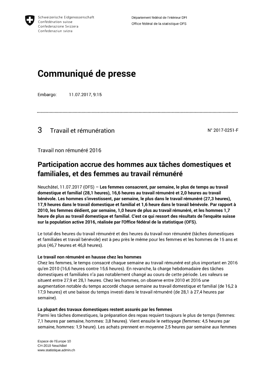 Participation accrue des hommes aux tâches domestiques et familiales, et des femmes au travail rémunéré
