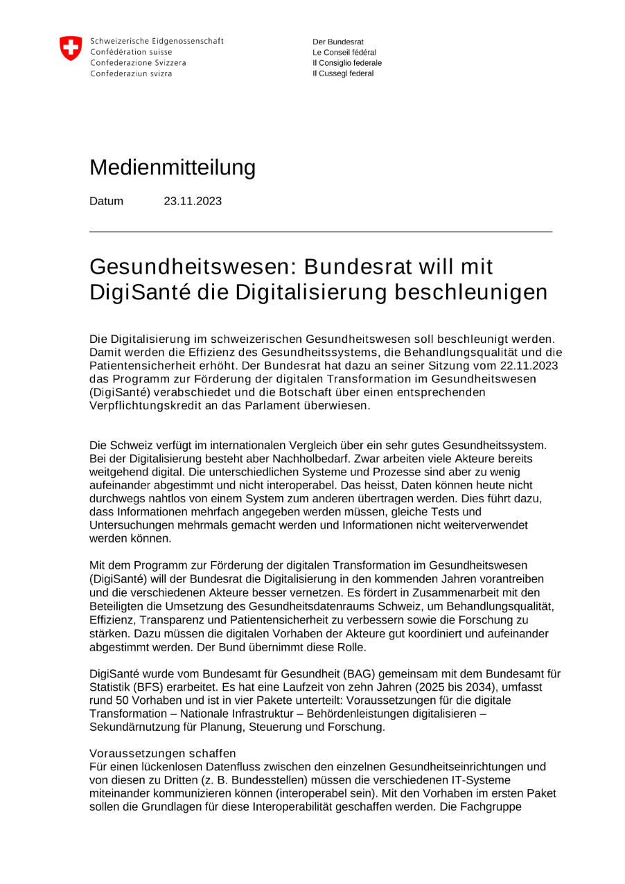 Gesundheitswesen: Bundesrat will mit DigiSanté die Digitalisierung beschleunigen