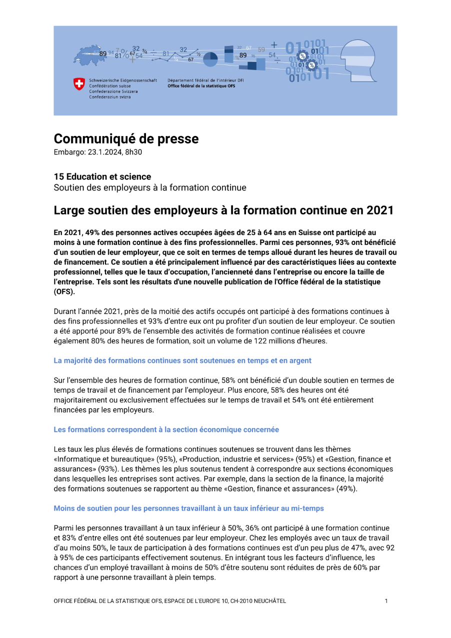 Large soutien des employeurs à la formation continue en 2021