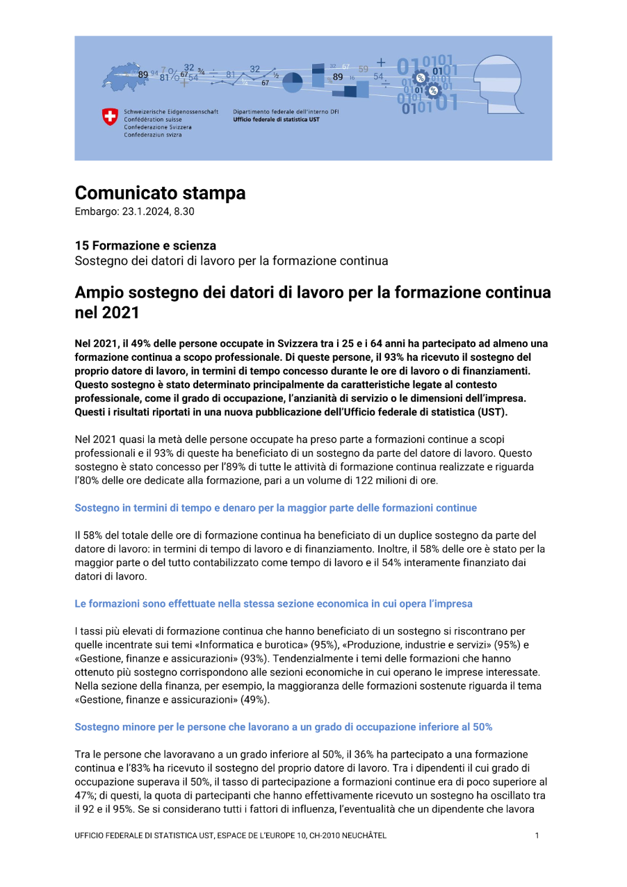 Ampio sostegno dei datori di lavoro per la formazione continua nel 2021