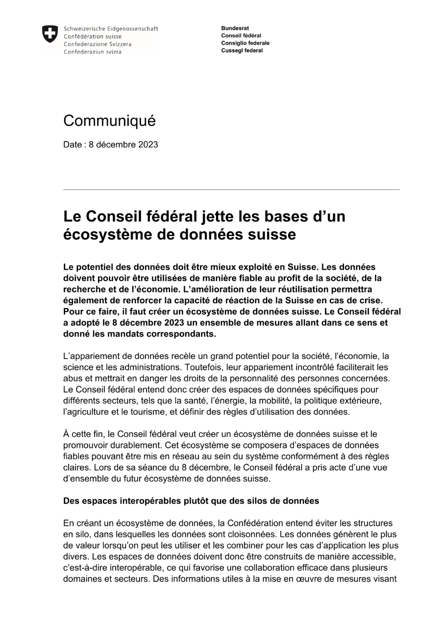 Le Conseil fédéral jette les bases d'un écosystème de données suisse
