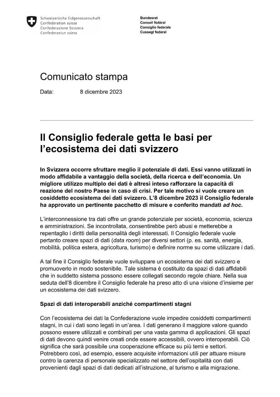 Il Consiglio federale getta le basi per l'ecosistema dei dati svizzero