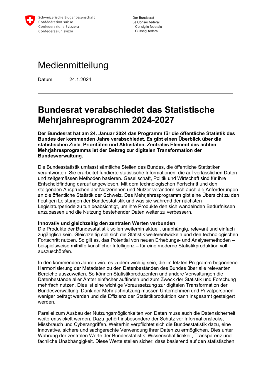 Bundesrat verabschiedet das Statistische Mehrjahresprogramm 2024-2027