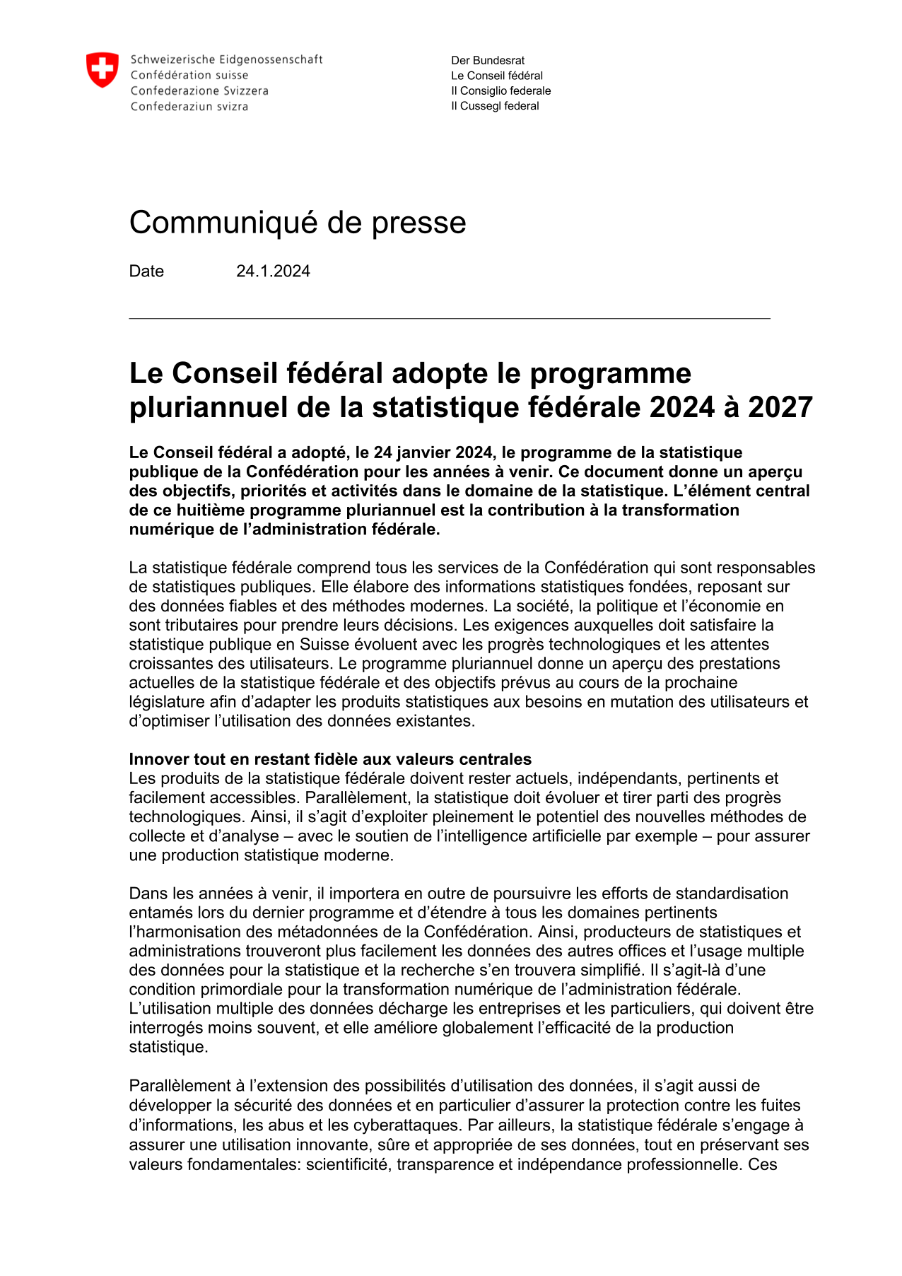 Le Conseil fédéral adopte le programme pluriannuel de la statistique fédérale 2024 à 2027