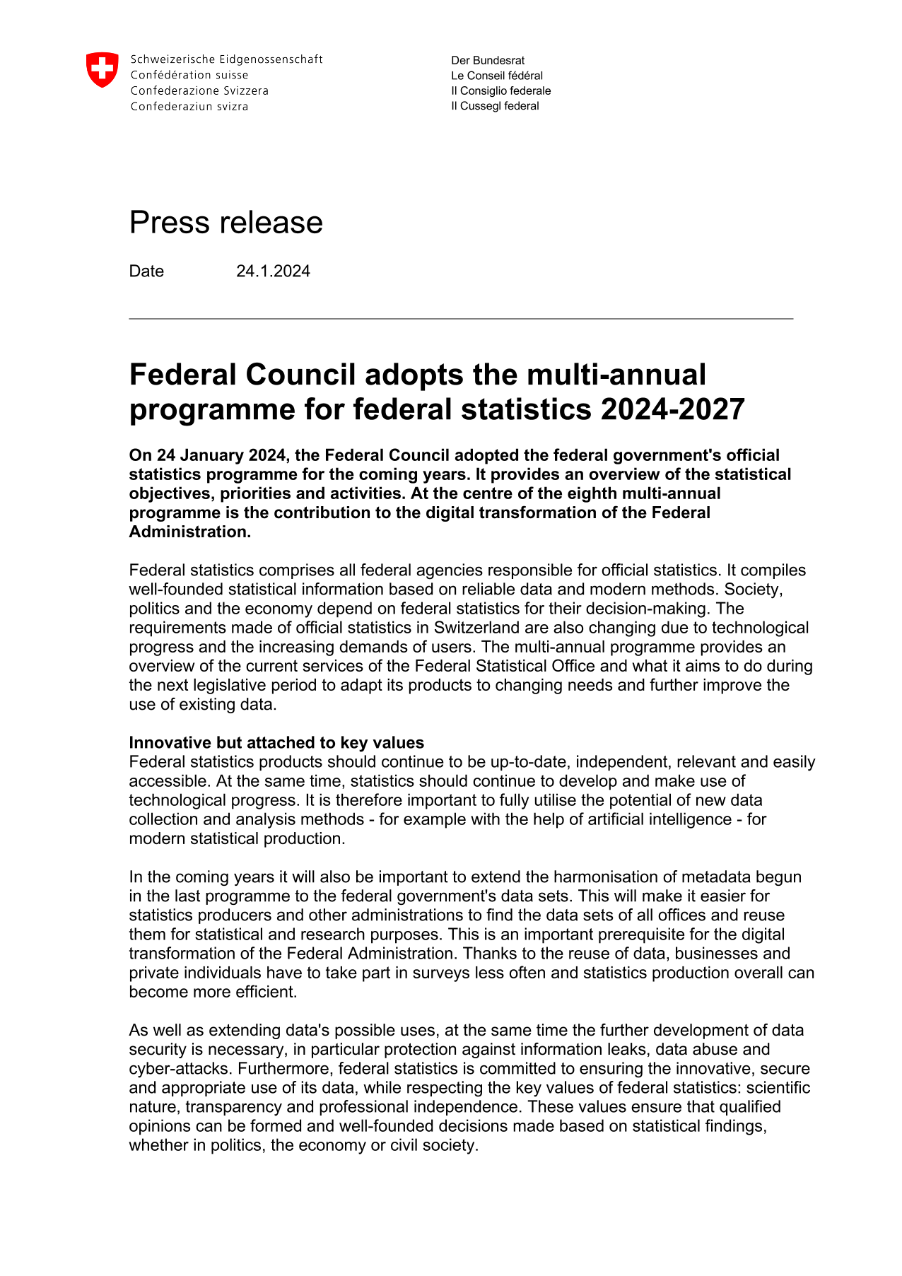Federal Council adopts the multi-annual programme for federal statistics 2024-2027