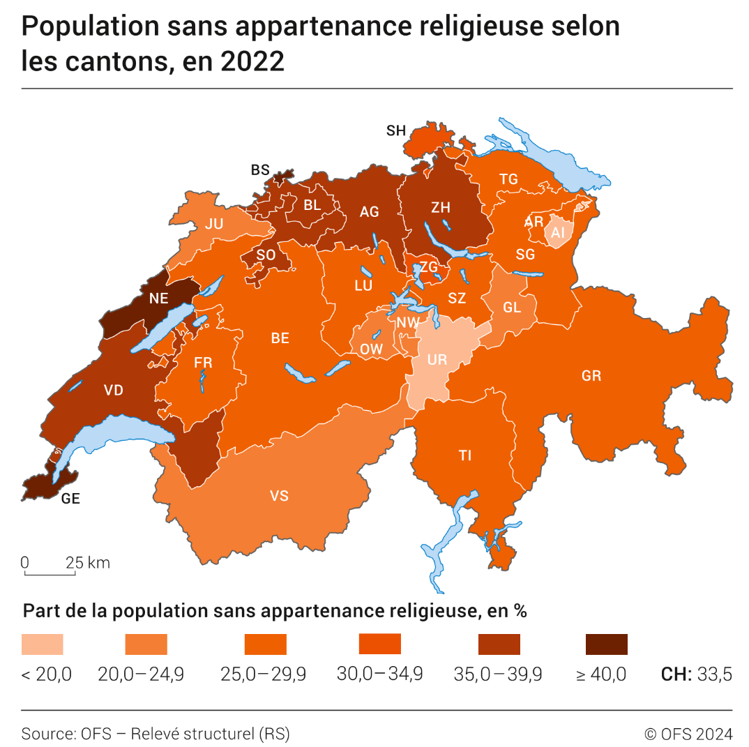 Population sans appartenance religieuse selon les cantons