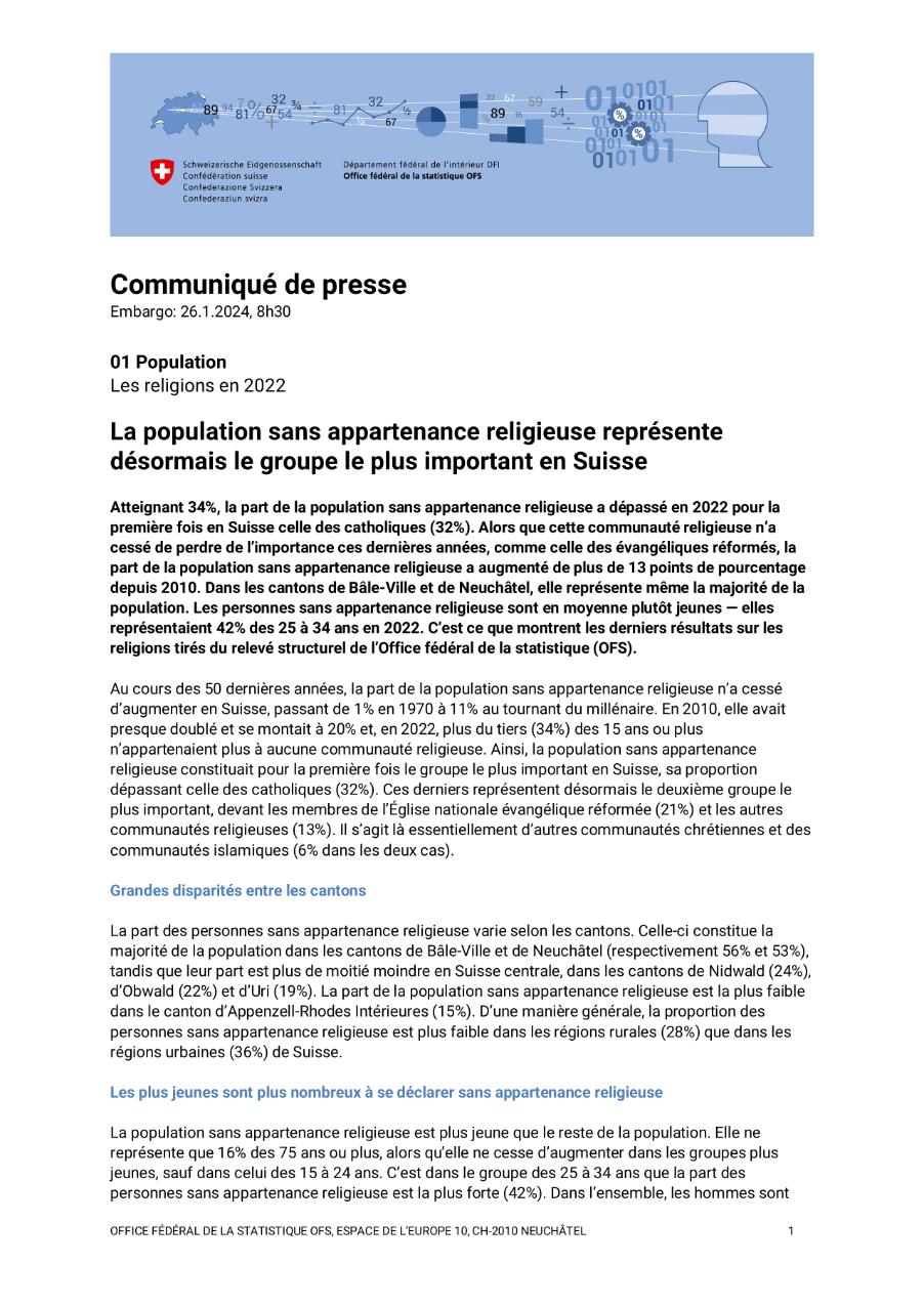 La population sans appartenance religieuse représente désormais le groupe le plus important en Suisse