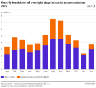 Monthly breakdown of overnight stays in tourist accommodation, 2022