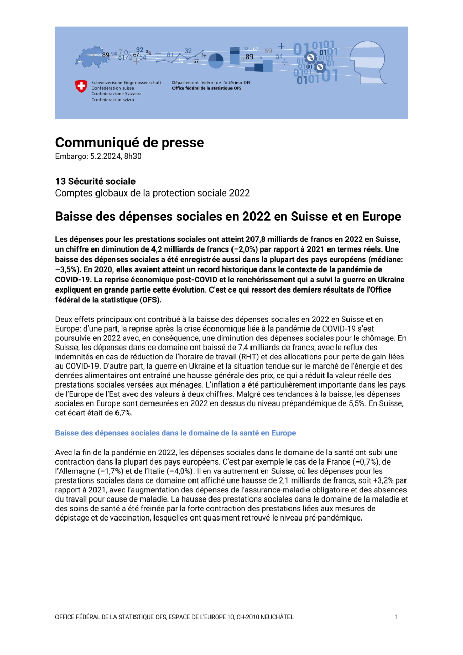 Baisse des dépenses sociales en 2022 en Suisse et en Europe