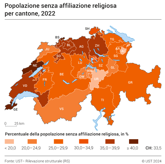 Popolazione senza affiliazione religiosa per cantone