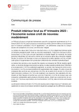 Le produit intérieur brut au 4ème trimestre 2023 - L'économie suisse croît de nouveau modérément