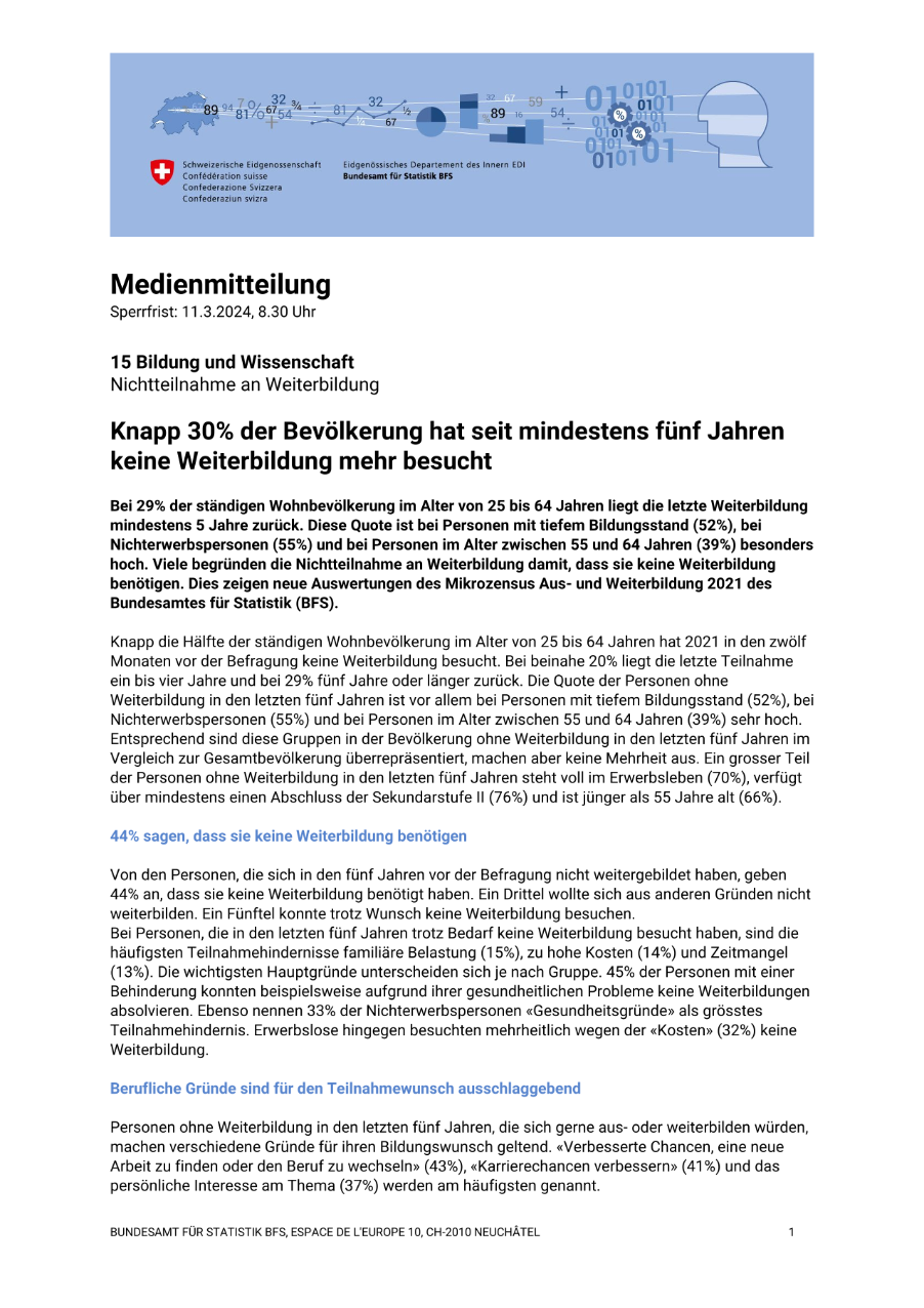 Knapp 30% der Bevölkerung hat seit mindestens fünf Jahren keine Weiterbildung mehr besucht