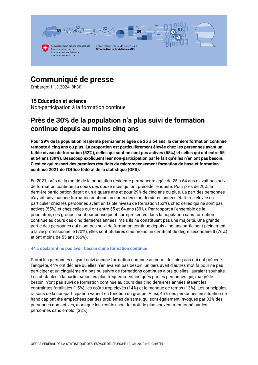 Près de 30% de la population n'a plus suivi de formation continue depuis au moins cinq ans
