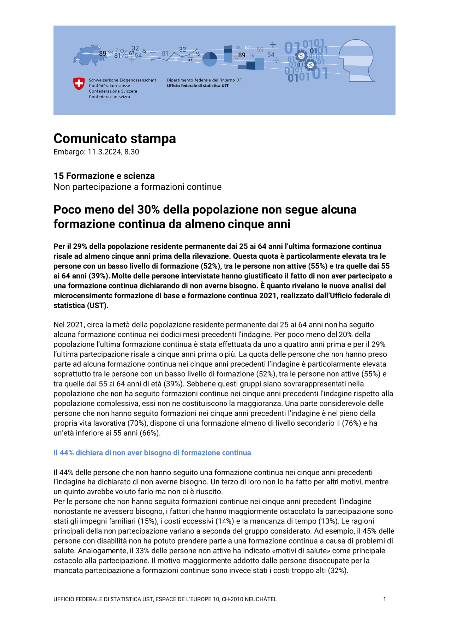 Poco meno del 30% della popolazione non segue alcuna formazione continua da almeno cinque anni