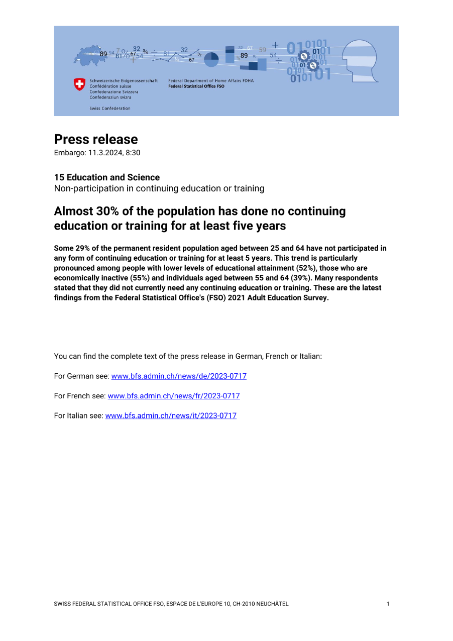 Almost 30% of the population has done no continuing education or training for at least five years