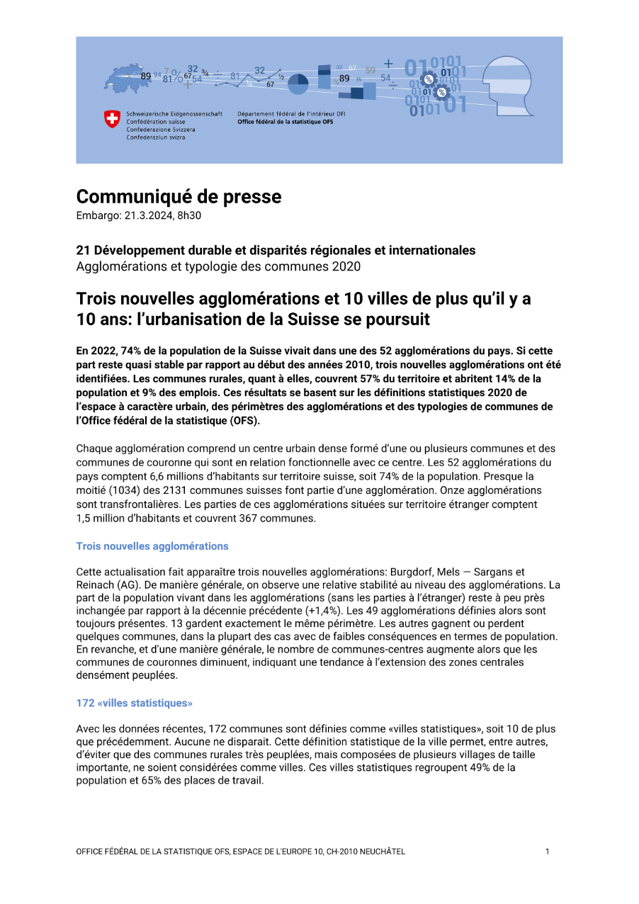 Trois nouvelles agglomérations et 10 villes de plus qu'il y a 10 ans: l'urbanisation de la Suisse se poursuit