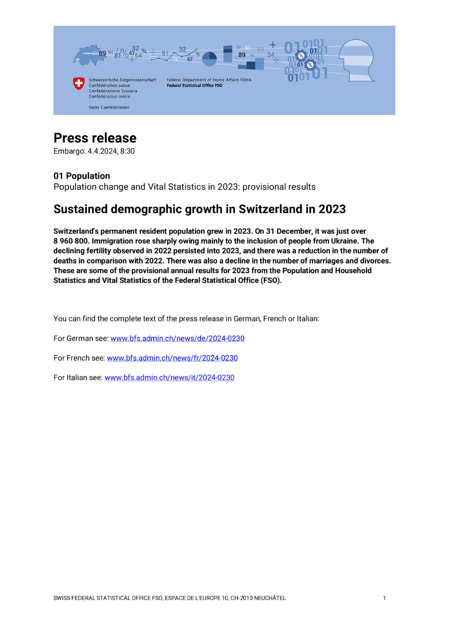 Sustained demographic growth in Switzerland in 2023
