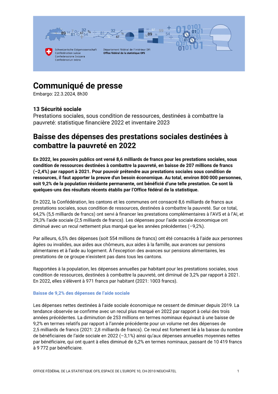 Baisse des dépenses des prestations sociales destinées à combattre la pauvreté en 2022