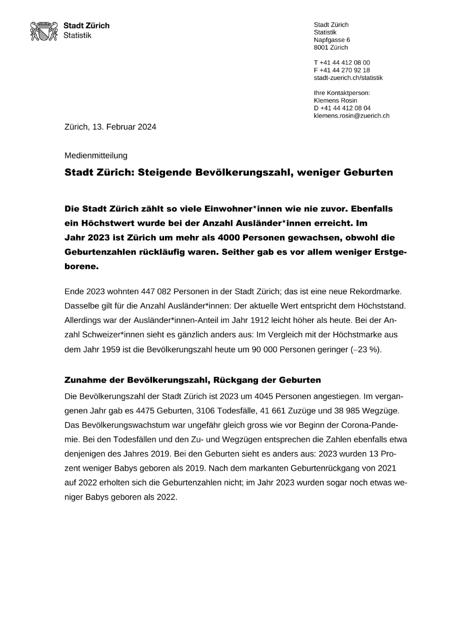 Stadt Zürich: Steigende Bevölkerungszahl, weniger Geburten