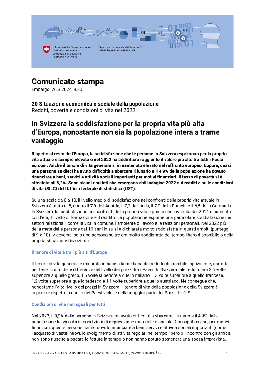In Svizzera la soddisfazione per la propria vita più alta d'Europa, nonostante non sia la popolazione intera a trarne vantaggio