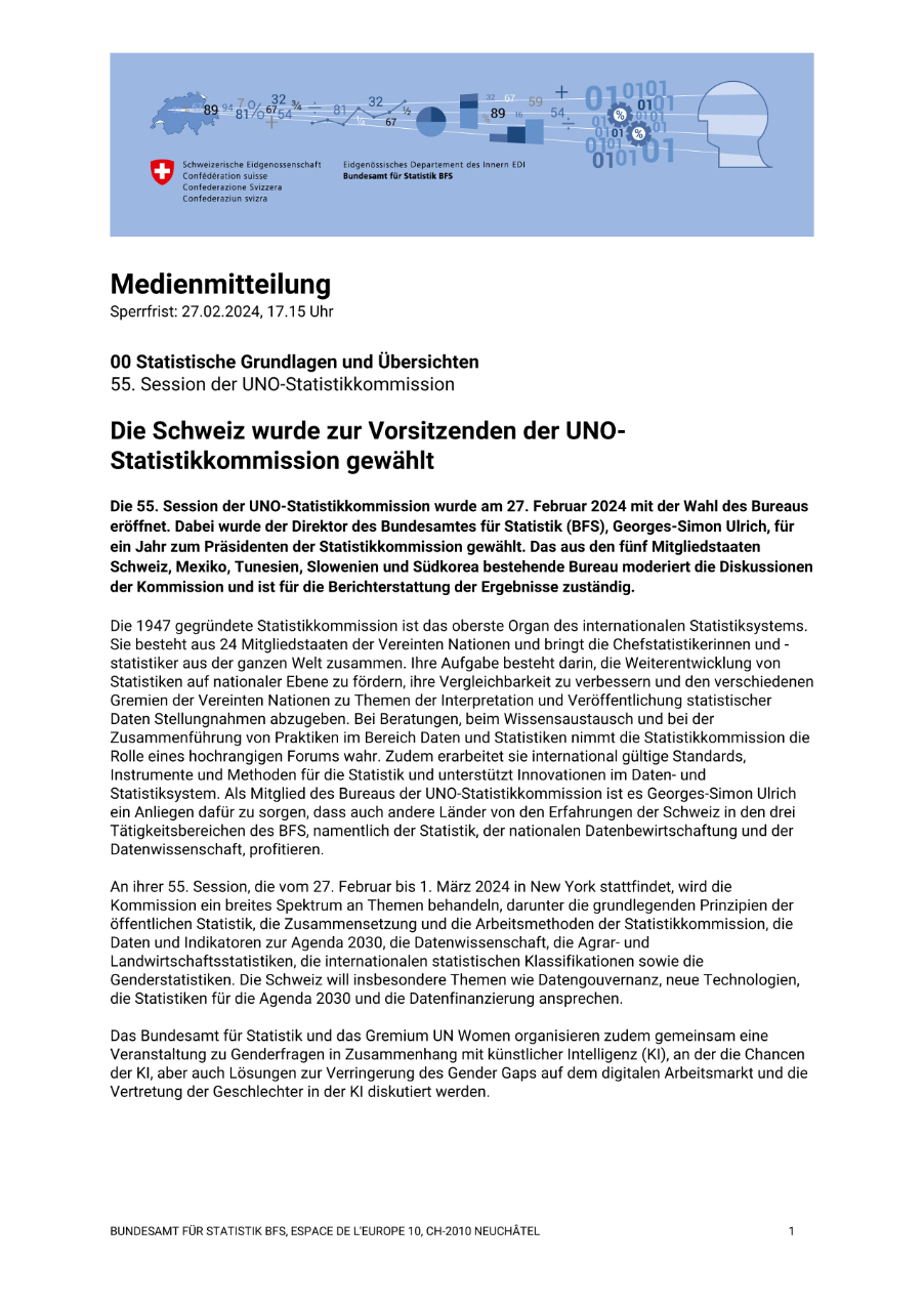 Die Schweiz wurde zur Vorsitzenden der UNO-Statistikkommission gewählt