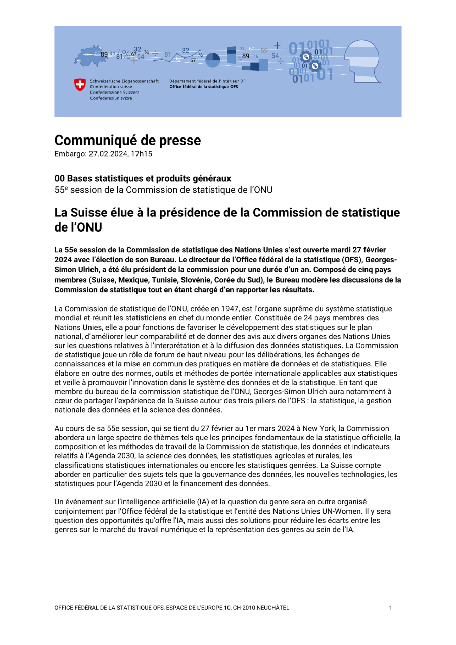La Suisse élue à la présidence de la Commission de statistique de l'ONU