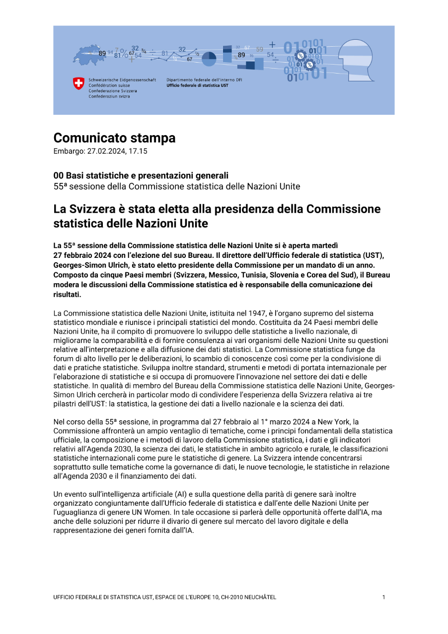 La Svizzera è stata eletta alla presidenza della Commissione statistica delle Nazioni Unite