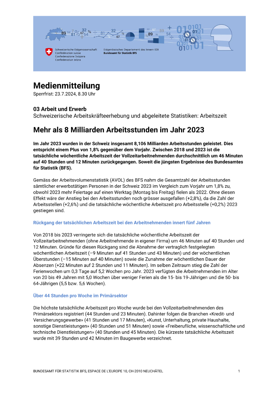Mehr als 8 Milliarden Arbeitsstunden im Jahr 2023