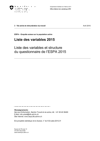 ESPA - Enquête suisse sur la population active: Liste des variables et structure du questionnaire de l'ESPA 2015