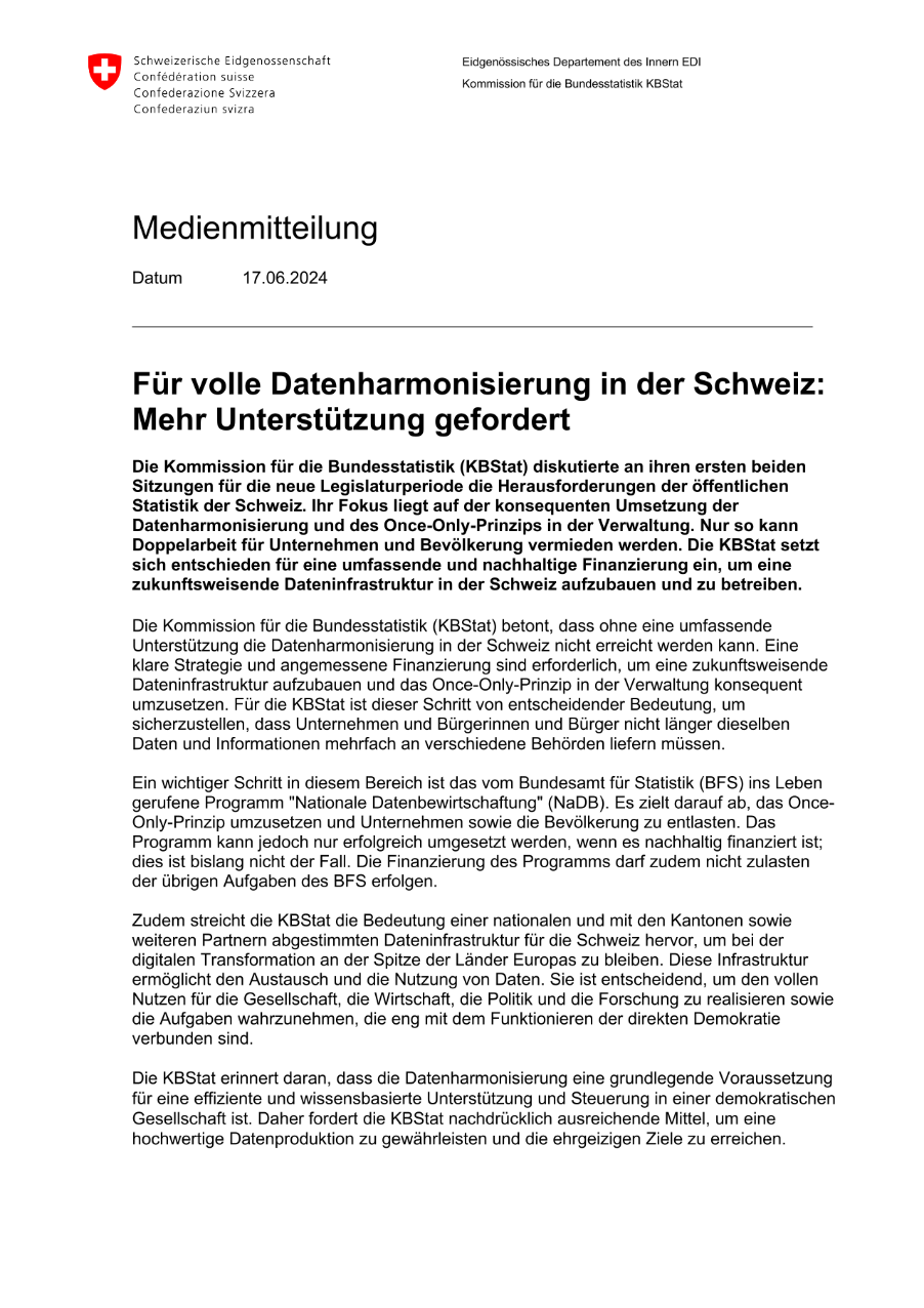 Für volle Datenharmonisierung in der Schweiz: Mehr Unterstützung gefordert