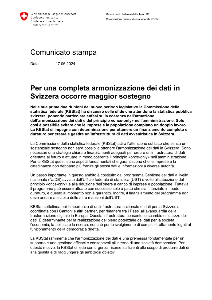 Per una completa armonizzazione dei dati in Svizzera occorre maggior sostegno